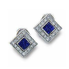 Brill princess cut bezel channel set square cubic zirconia halo earrings in 14k white gold.