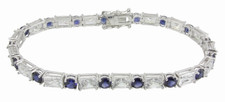 Alternating Emerald Cut Sapphire Round Bracelet with lab grown diamond simulant cubic zirconia in 14k white gold.