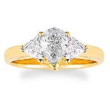 Pear with trillions lab grown diamond alternative cubic zirconia engagement ring in 14k yellow gold.