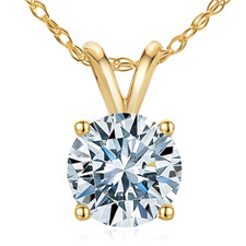 Round lab grown diamond look cubic zirconia basket set classic solitaire pendant in 14k yellow gold.