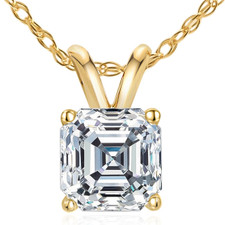Asscher cut lab grown diamond alternative cubic zirconia basket set classic solitaire pendant in 14k yellow gold.