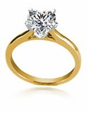 Heart shape lab grown diamond simulant cubic zirconia cathedral solitaire engagement ring in 14k yellow gold with white gold prongs.