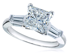 Princess cut square lab grown diamond alternative cubic zirconia baguette solitaire engagement ring in 14k white gold.