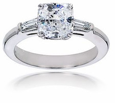 Cushion cut square laboratory grown diamond alternative cubic zirconia baguette solitaire engagement ring in 14k white gold.