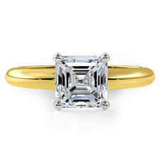 Asscher cut lab grown diamond look alternative cubic zirconia classic solitaire engagement ring in 14k yellow gold.
