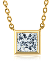 Princess cut square bezel set lab created diamond alternative cubic zirconia solitaire pendant in 14k yellow gold.