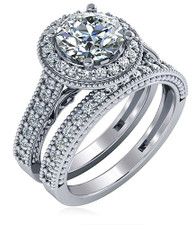 Round 1.5 Carat Cathedral Pave Halo Vintage Wedding Set with lab grown diamond quality cubic zirconia in 14k white gold.