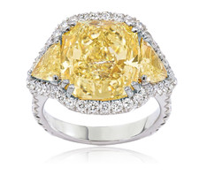 Dominique 5.5 carat cushion cut canary yellow lab grown diamond alternative cubic zirconia with trillions three stone ring in 14k white gold.