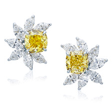 Balmora cushion cut and marquise cluster spray lab grown canary yellow laboratory grown diamond alternative cubic zirconia earrings in 14k white gold..