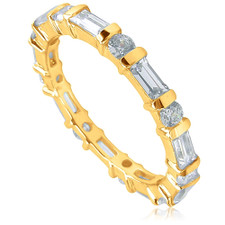 Baguette and round laboratory grown diamond look cubic zirconia channel set bar set eternity band in 14k yellow gold.