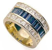 Baguette and Princess Cut Channel Set Band with lab grown diamond quality cubic zirconia and man made sapphire gemstones in 14k yellow gold.