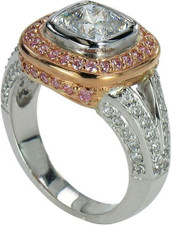 Cassius 2.5 carat cushion cut lab grown diamond look cubic zirconia halo pave engagement ring in 14k two tone gold.