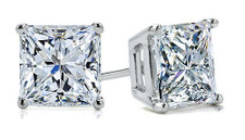 Princess cut square laboratory grown diamond simulant cubic zirconia basket set stud earrings in 14k white gold with friction posts.