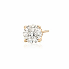 Single Stud .50 carat round lab created diamond alternative cubic zirconia four prong basket set stud earring in 14k yellow gold.