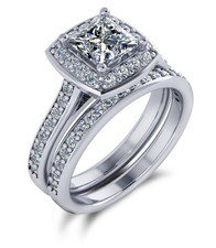 Prima 1 carat princess cut square and pave lab grown cubic zirconia cathedral style bridal set in 14k white gold.