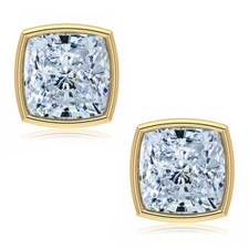 Cushion cut square bezel set lab grown diamond look cubic zirconia stud earrings in 14k yellow gold.