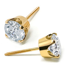 Imperial Crown Four Prong Round lab grown diamond look cubic zirconia Stud Earrings in 14k yellow gold with threaded screw posts