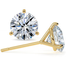 3 carats each three prong round Martini style basket set lab grown diamond alternative cubic zirconia stud earrings in 14k yellow gold.