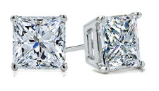 Princess cut square laboratory grown diamond basket set stud earrings in 14k white gold with friction posts.