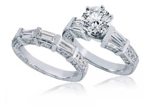 Round 2 Carat Double Baguette Pave Engraved Wedding Set with lab grown diamond look cubic zirconia in 14k white gold.