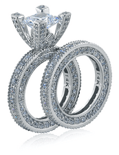 Palace 2.5 carat princess cut lab grown diamond alternative cubic zirconia pave eternity wedding set in 14k white gold.