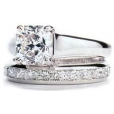 Trellis Princess Cut Solitaire and Eternity Band Bridal Set with lab grown diamond look cubic zirconia in 14k white gold.