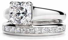 Trellis Princess Cut Solitaire and Eternity Band Bridal Set with lab grown diamond look alternative cubic zirconia in 14k white gold.