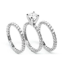 Round 1 Carat Three Ring Eternity Stacking Wedding Set with lab grown diamond simulant cubic zirconia in 14k white gold.