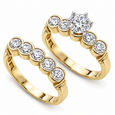 Scalloped Bezel Round 1 Carat Bridal Set with lab grown diamond quality cubic zirconia in 14k yellow gold.