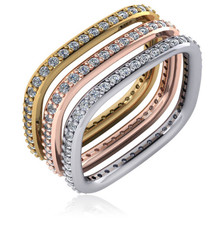 Square shaped prong set lab grown diamond alternative cubic zirconia round stackable eternity wedding band in 14k gold, 18k gold and platinum.