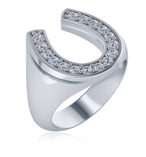 Horseshoe Pave Set Mens Ring with lab grown diamond quality cubic zirconia in 14k white gold.