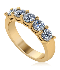 Five stone 4mm round lab grown diamond look cubic zirconia shared prong anniversary band in 14k yellow gold.