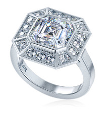 Pippa Middleton 2.5 carat asscher cut laboratory grown diamond look cubic zirconia pave halo engagement ring inspiration in 14k white gold.