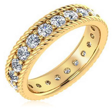 Rope design prong set lab grown diamond simulant cubic zirconia round wedding eternity band in 14k yellow gold.