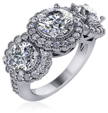 Floweret three stone 1.5 carat round lab created  cubic zirconia pave halo ring in 14k white gold.