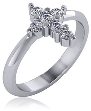 Cross ring mini prong set with lab grown diamond look cubic zirconia rounds in 14k gold.