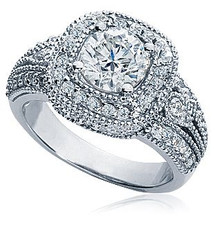 Round 2 Carat Halo Pave Estate Ring with lab grown diamond alternative cubic zirconia in 14k white gold.
