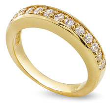 Kirkman anniversary band laboratory grown diamond look cubic zirconia shared prong set pave in 14k yellow.