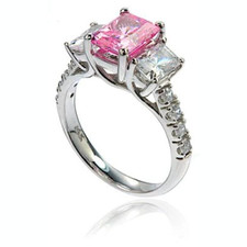 Euphoria three stone 1.5 carat emerald cut lab grown diamond quality cubic zirconia engagement ring in 14k white gold.