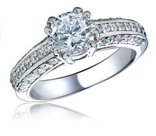 Round 1 Carat Three Row Pave Solitaire Engagement Ring with lab grown diamond simulant cubic zirconia in 14k white gold.