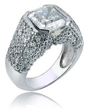 Asscher Cut 2.5 Carat Semi Bezel Pave Ring with lab grown diamond simulant cubic zirconia in 14k white gold.