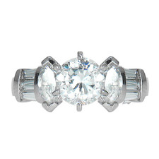 Round marquise and channel set baguette lab grown diamond look cubic zirconia solitaire engagement ring in 14k white gold.