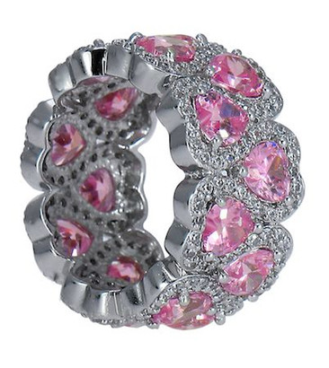 Amorique pink heart shaped lab created cubic zirconia pave set round eternity band in 14k white gold.