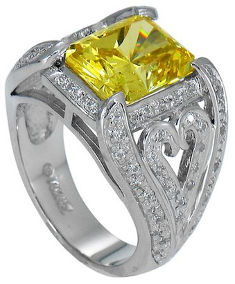 Voilla 4 carat emerald radiant cut lab grown diamond alternative cubic zirconia pave heart design engagement ring in 14k white gold.