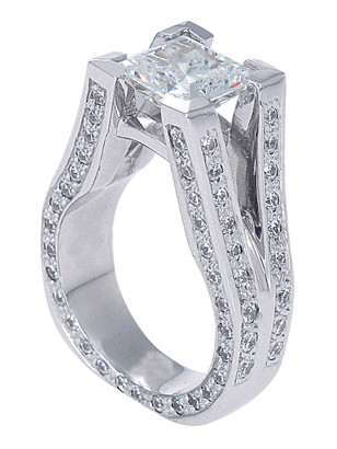 Princess cut 2.5 carat laboratory grown diamond look cubic zirconia with pave split shank engagement ring in 14k white gold.