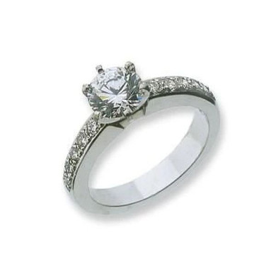 Round 1.5 Carat Pave Set Single Row Ring with simulated diamond quality lab grown cubic zirconia in 14k white gold.