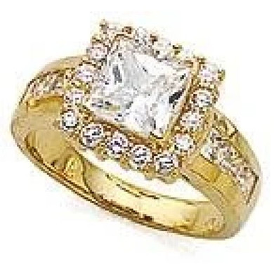 Princess cut 1.5 carat halo laboratory grown diamond alternative cubic zirconia ring in 14k yellow gold.