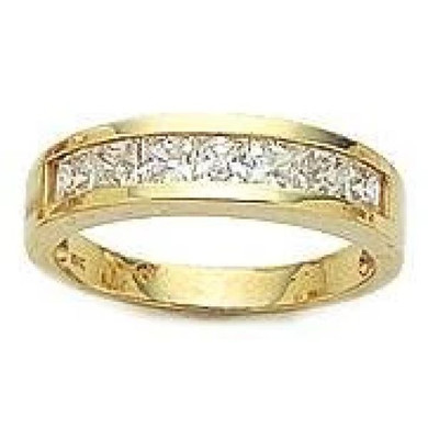 Channel set 2 carat princess cut lab grown diamond look cubic zirconia anniversary wedding band in 14k yellow gold.