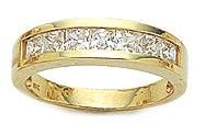 Channel set 2 carat princess cut lab grown diamond look cubic zirconia anniversary wedding band in 14k yellow gold.