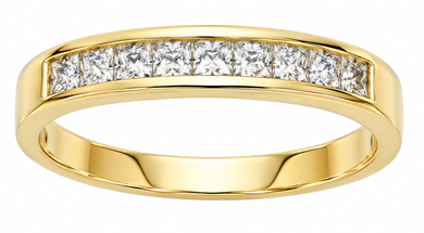 Channel set 1 carat princess cut lab created diamond look quality cubic zirconia anniversary wedding band in 14k yellow gold.